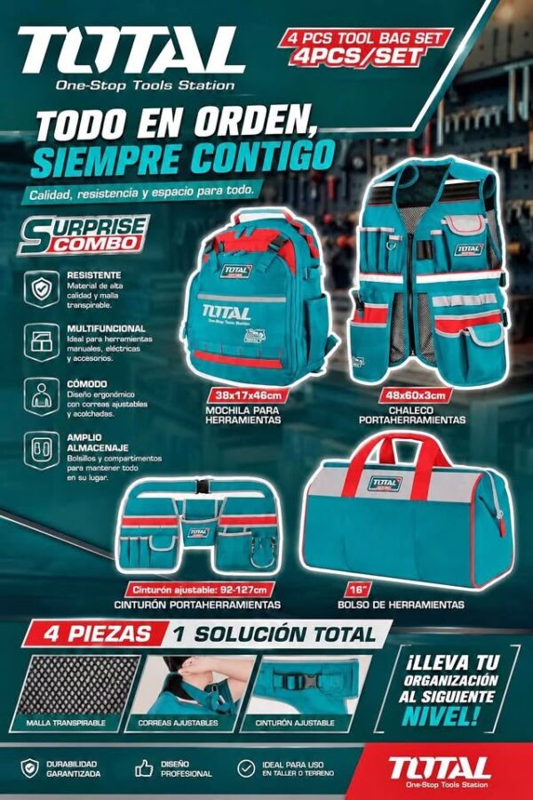 KITS COMBO CHALECO+MOCHILA+BOLSO+PORTA HERRAMIENTAS TOTAL